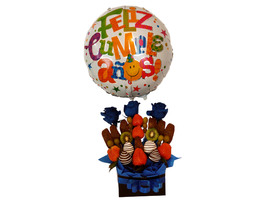 Arreglo frutal Arv-azul con globo.  Elige entre globo de cumpleaños, aniversario o corazón. devorame