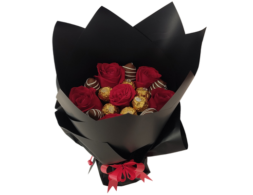 Arreglo frutal Ra-73 Ramo con Fresas con chocolate + Ferrero Rocher + Rosas naturales devorame